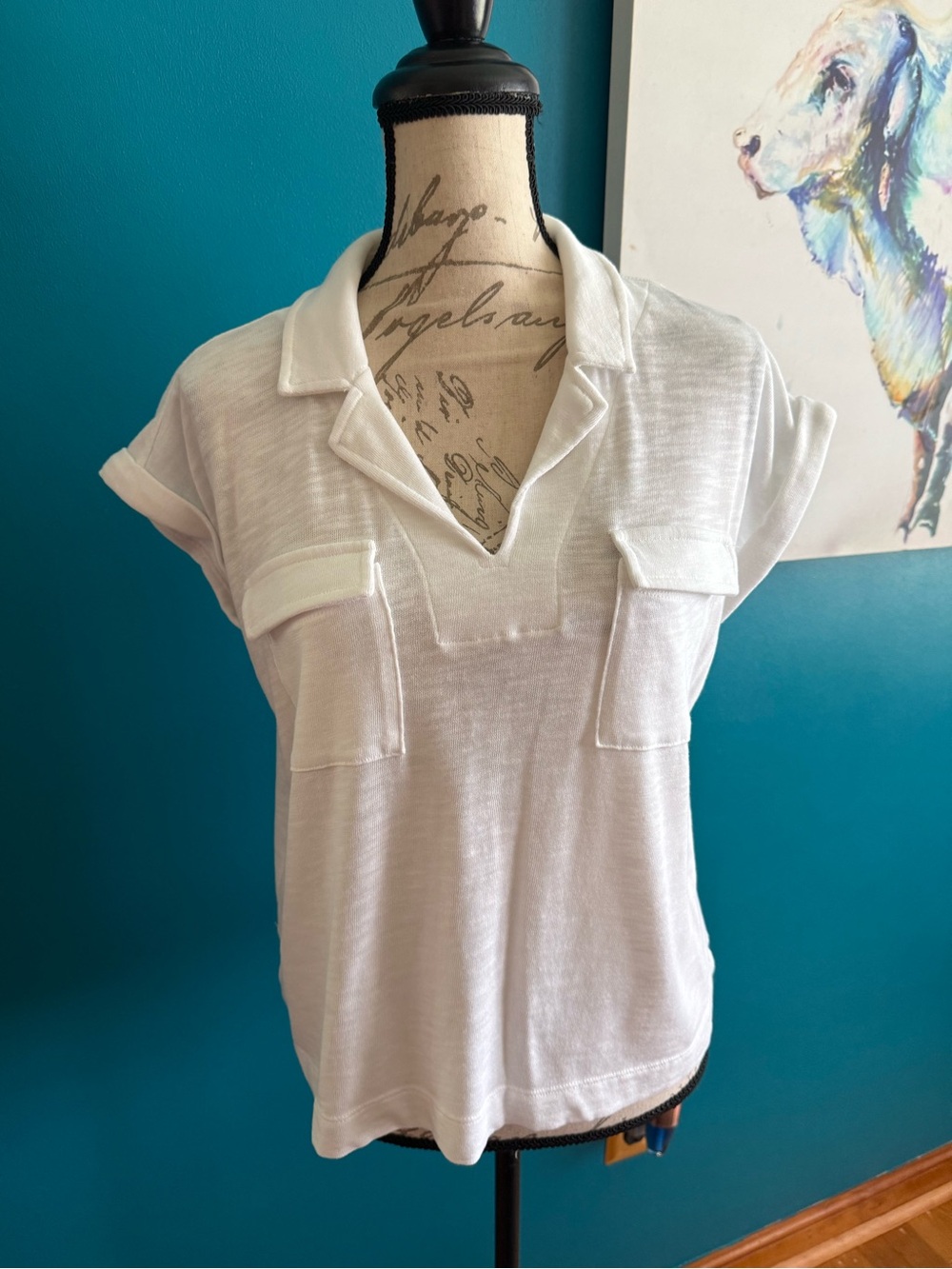 White Casual V-Neck Utility Tee